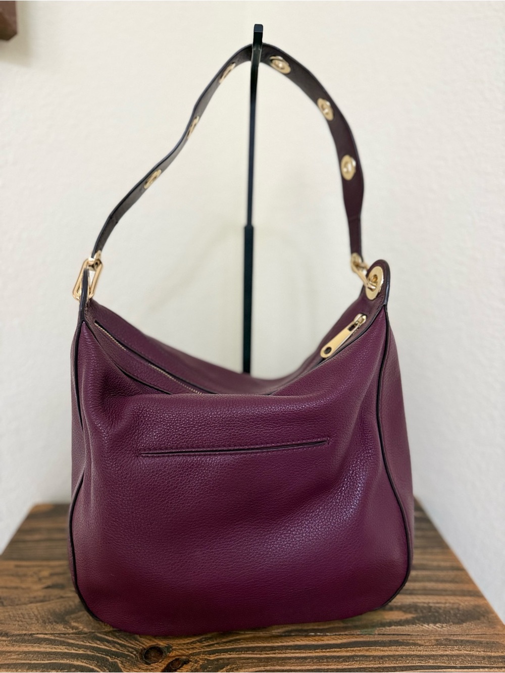 Michael Kors Pebbled Leather Grommet Strap Hobo Shoulder Bag – Plum/Burgundy - Picture 5 of 12